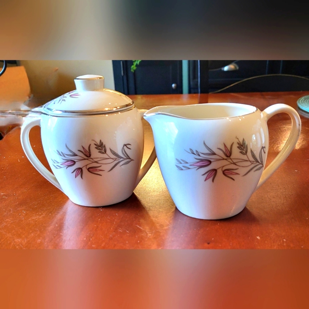 3 Pc Park Lane by Edwin Knowles China Sugar Bowl & Creamer Pink Flowers Gray